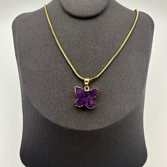 Purple Druzy Butterfly Pendant Necklace on Gold Stainless Steel Snake Chain - Picture 3 of 5